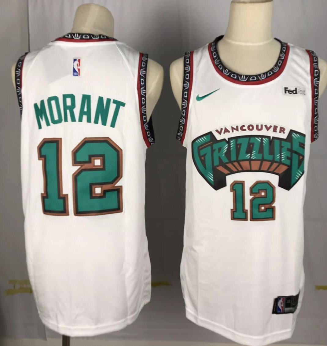Custom Men Memphis Grizzlies #12 Morant White Throwback Nike NBA Jerseys